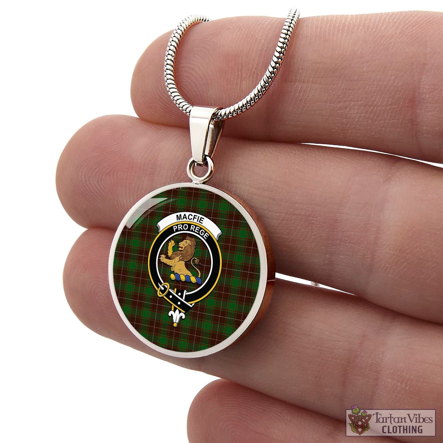 Tartan Vibes Clothing MacFie Hunting Tartan Circle Necklace with Family Crest