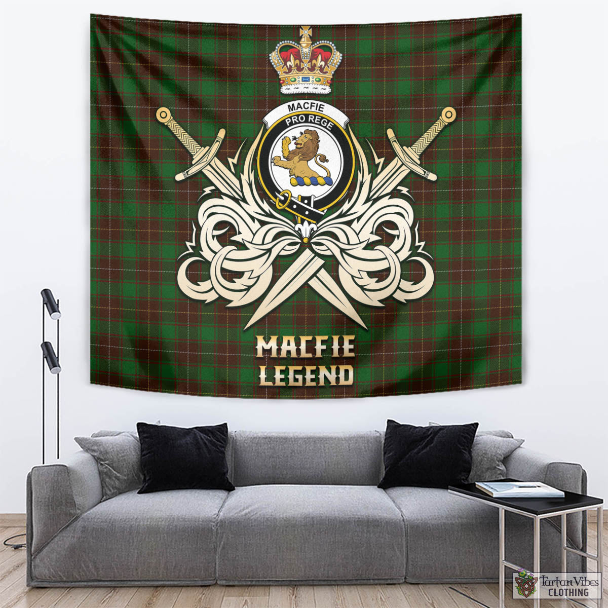 Tartan Vibes Clothing MacFie Hunting Tartan Tapestry with Clan Crest and the Golden Sword of Courageous Legacy