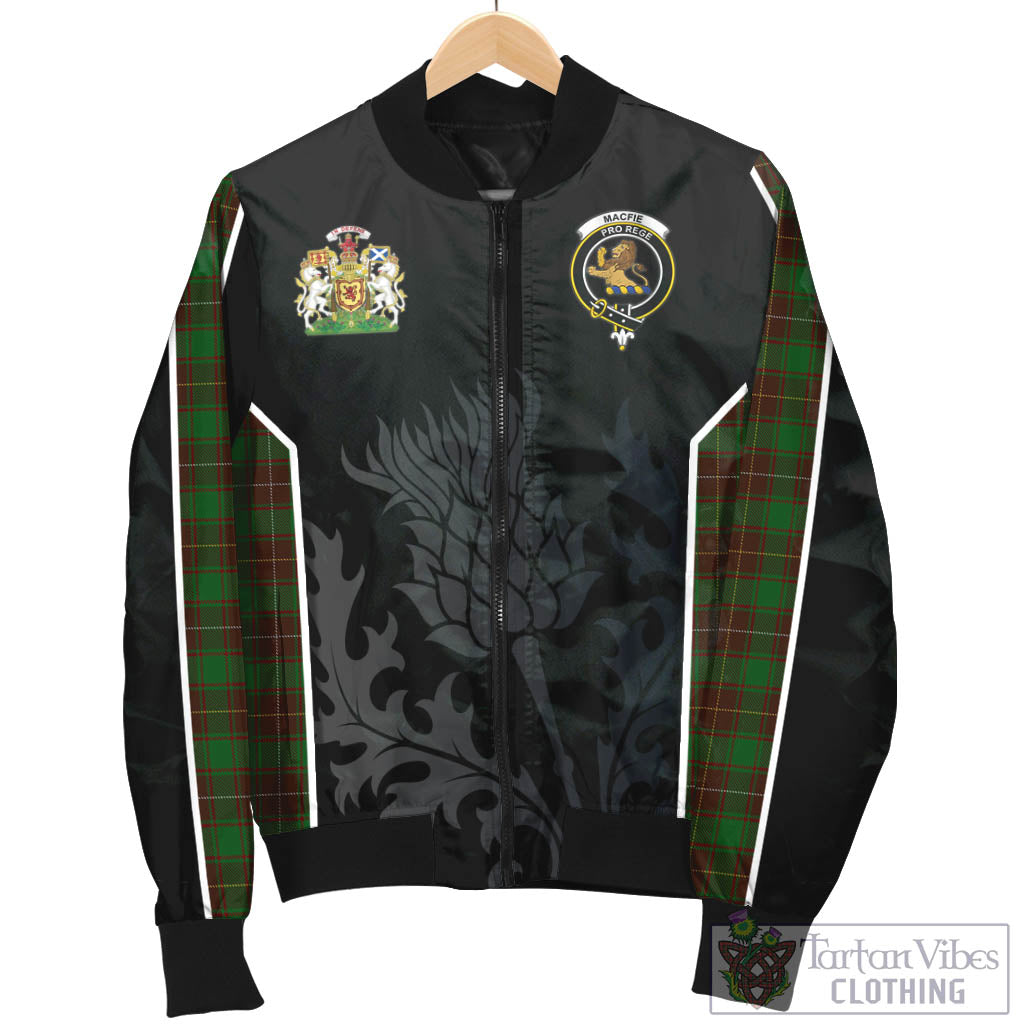 Tartan Vibes Clothing MacFie Hunting Tartan Bomber Jacket with Family Crest and Scottish Thistle Vibes Sport Style