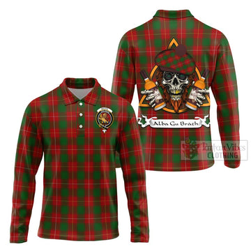 MacFie (McFie) Tartan Long Sleeve Polo Shirt with Family Crest and Bearded Skull Holding Bottles of Whiskey