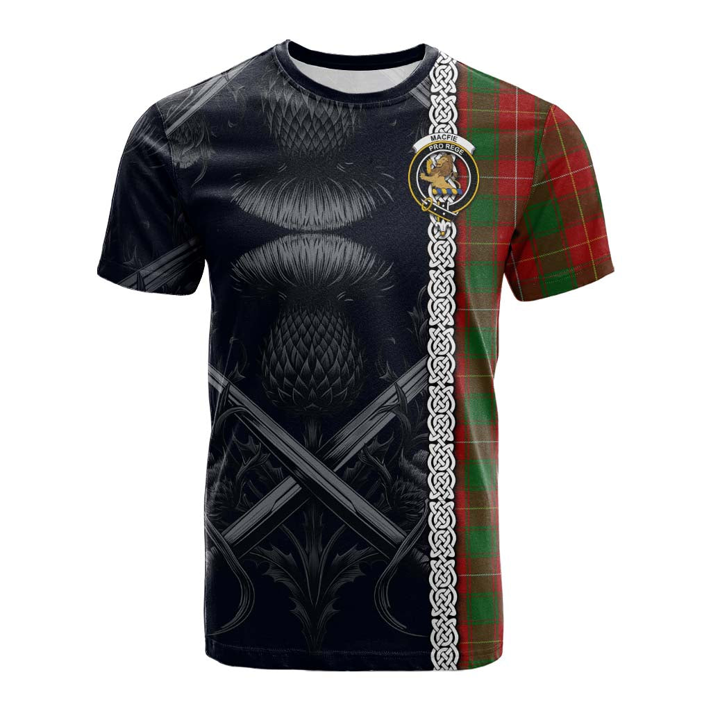 Tartan Vibes Clothing MacFie (McFie) Tartan Cotton T-shirt with Family Crest Cross Sword Thistle Celtic Vibes