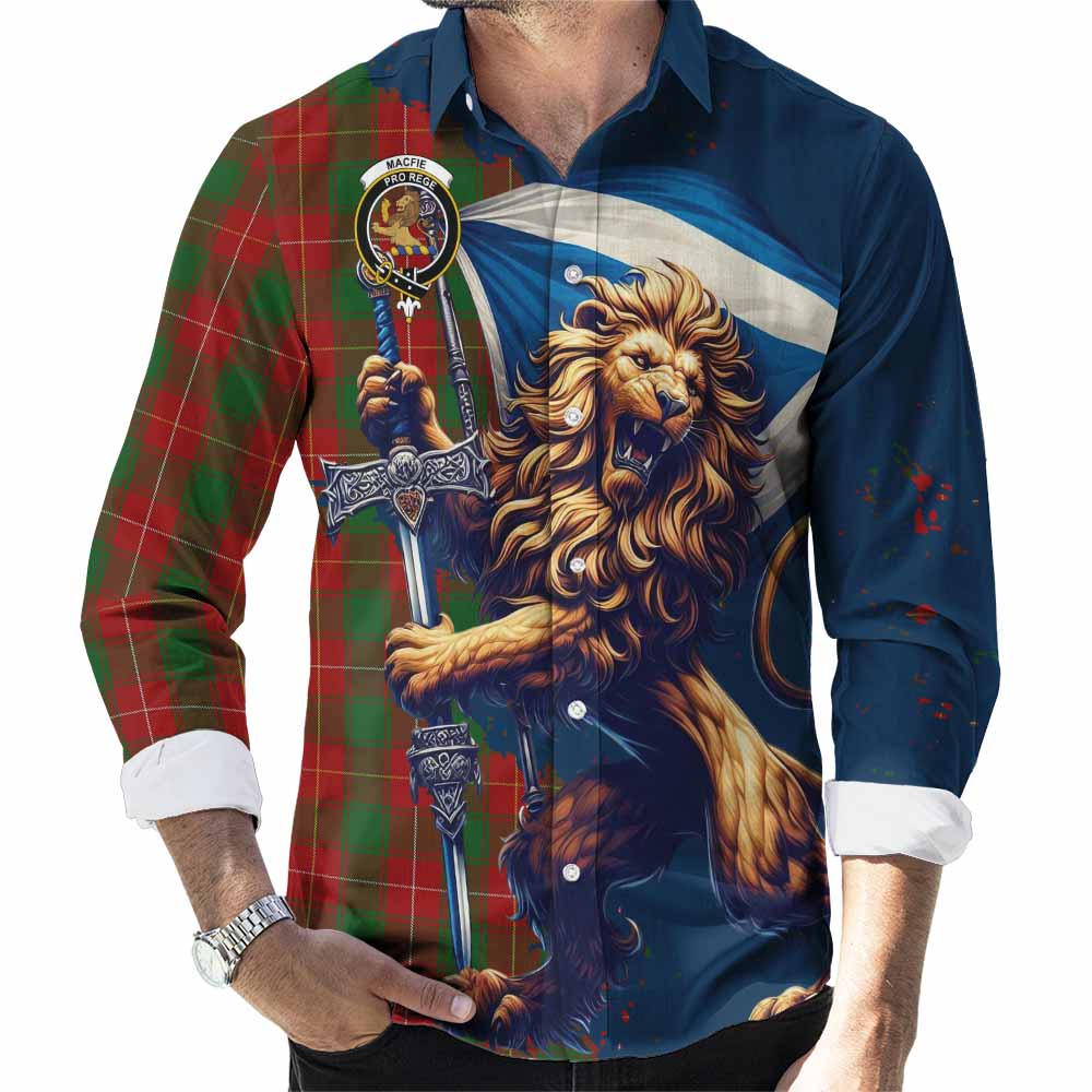 Tartan Vibes Clothing MacFie (McFie) Tartan Family Crest Long Sleeve Button Shirt with Scottish Majestic Lion