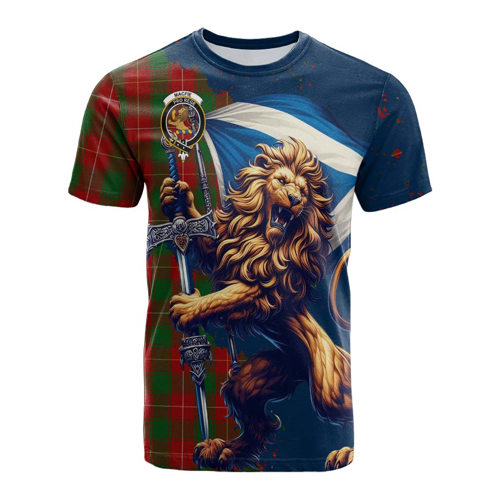 Tartan Vibes Clothing MacFie (McFie) Tartan Family Crest Cotton T-shirt with Scottish Majestic Lion