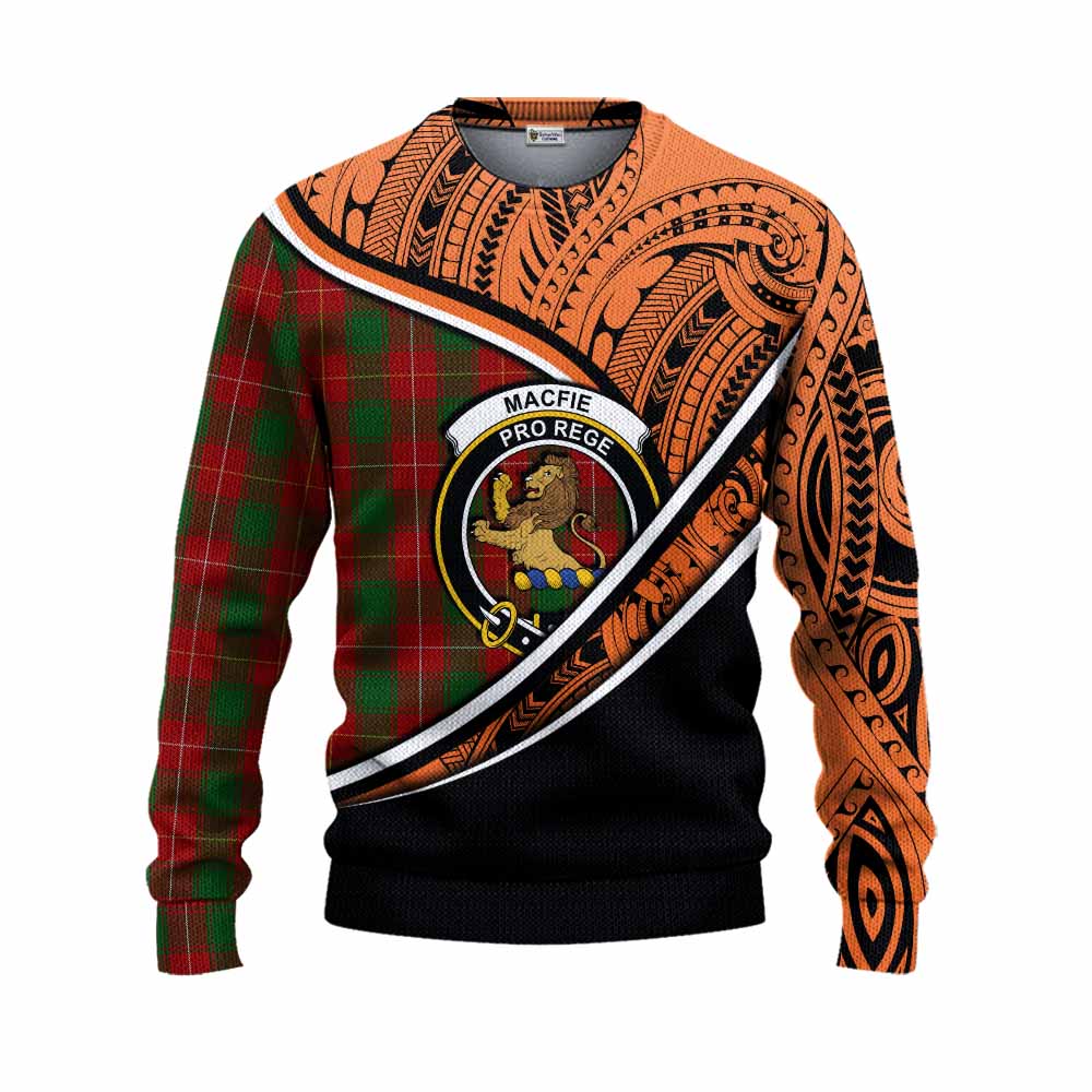 Tartan Vibes Clothing MacFie (McFie) Crest Tartan Knitted Sweater with Maori Tattoo Style - Orange Version