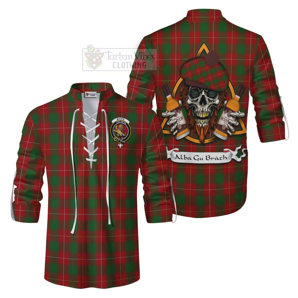 Tartan Vibes Clothing MacFie (McFie) Tartan Ghillie Kilt Shirt with Family Crest and Bearded Skull Holding Bottles of Whiskey