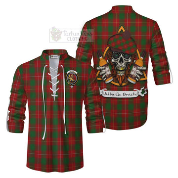 MacFie (McFie) Tartan Ghillie Kilt Shirt with Family Crest and Bearded Skull Holding Bottles of Whiskey