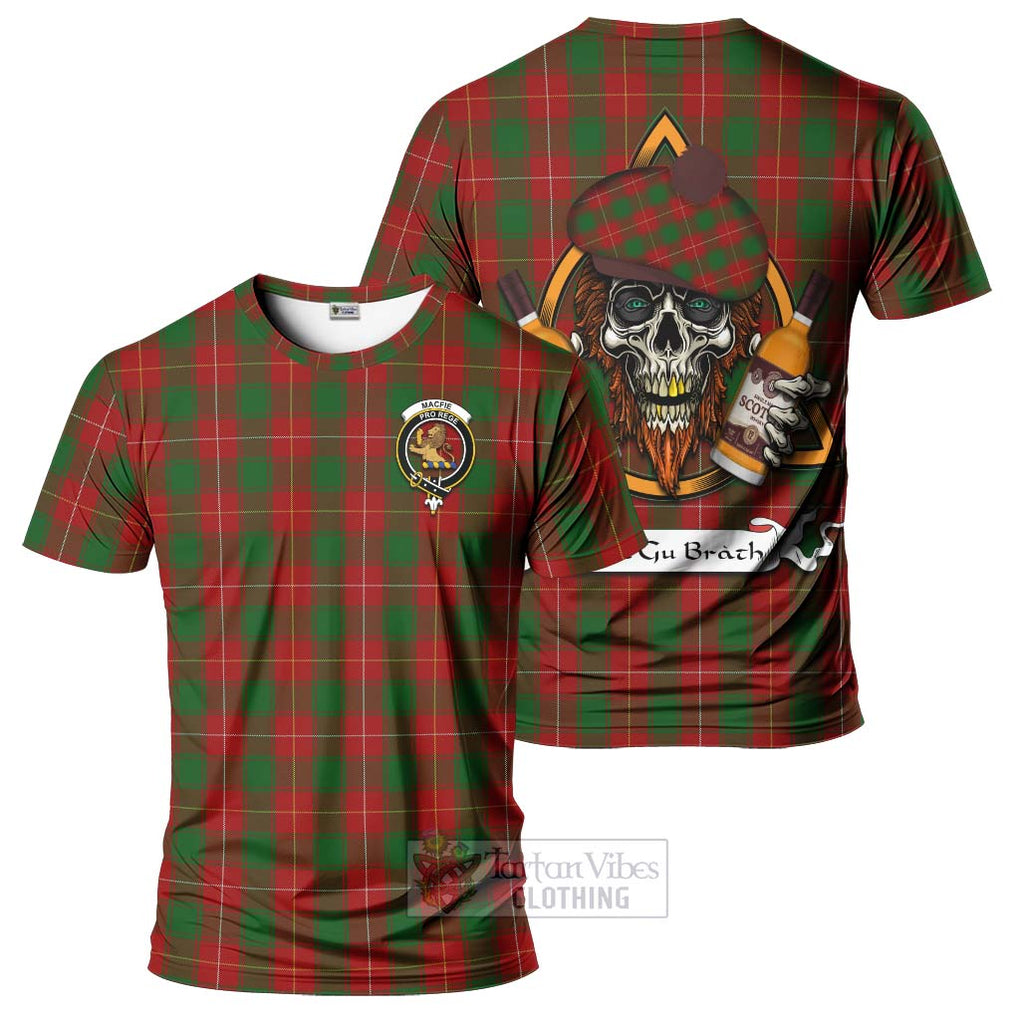 Tartan Vibes Clothing MacFie (McFie) Tartan T-Shirt with Family Crest and Bearded Skull Holding Bottles of Whiskey