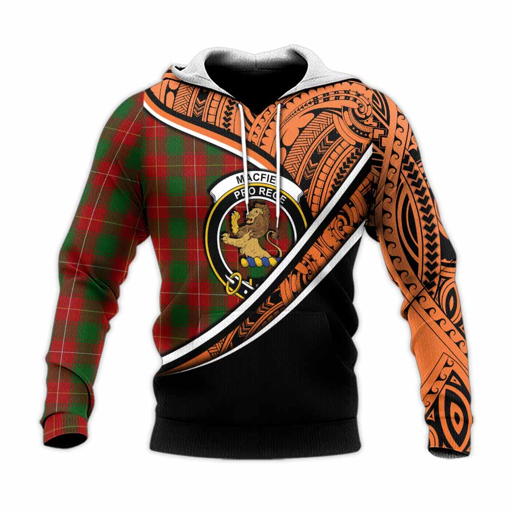 Tartan Vibes Clothing MacFie (McFie) Crest Tartan Knitted Hoodie with Maori Tattoo Style - Orange Version