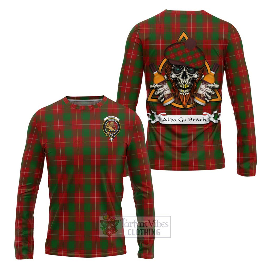 Tartan Vibes Clothing MacFie (McFie) Tartan Long Sleeve T-Shirt with Family Crest and Bearded Skull Holding Bottles of Whiskey