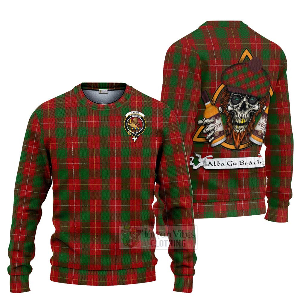 Tartan Vibes Clothing MacFie (McFie) Tartan Knitted Sweater with Family Crest and Bearded Skull Holding Bottles of Whiskey