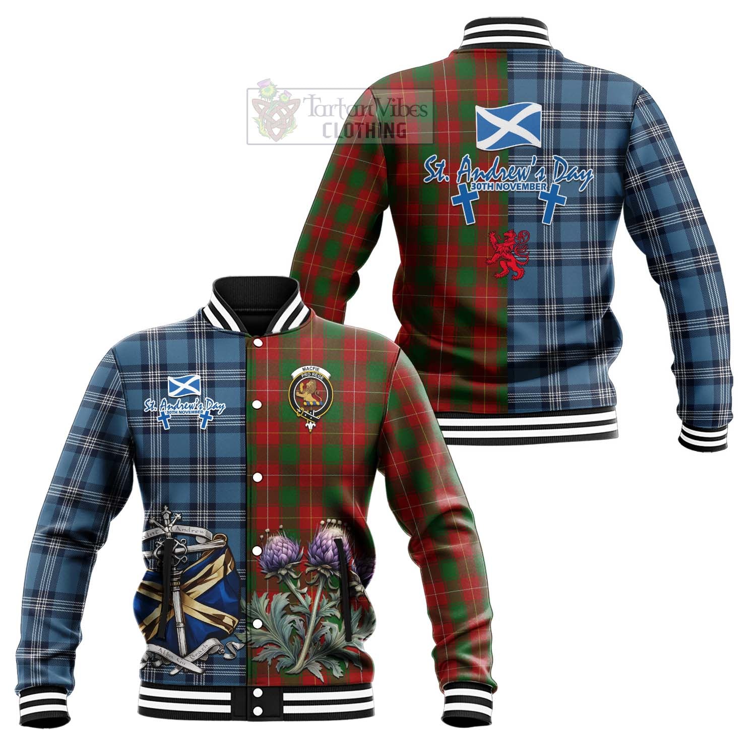 Tartan Vibes Clothing MacFie (McFie) Tartan Baseball Jacket Happy St. Andrew's Day Half Tartan Style