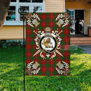 MacFie (McFie) Tartan Flag with Family Crest and Golden Thistle Crossed Sword Design