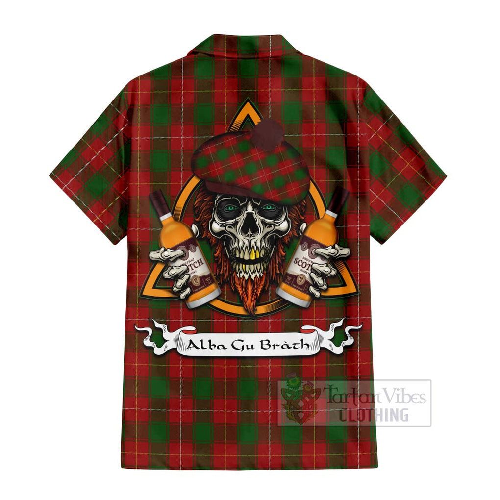 Tartan Vibes Clothing MacFie (McFie) Tartan Short Sleeve Button Shirt with Family Crest and Bearded Skull Holding Bottles of Whiskey