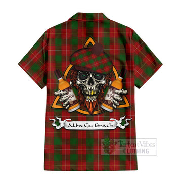 MacFie (McFie) Tartan Short Sleeve Button Shirt with Family Crest and Bearded Skull Holding Bottles of Whiskey