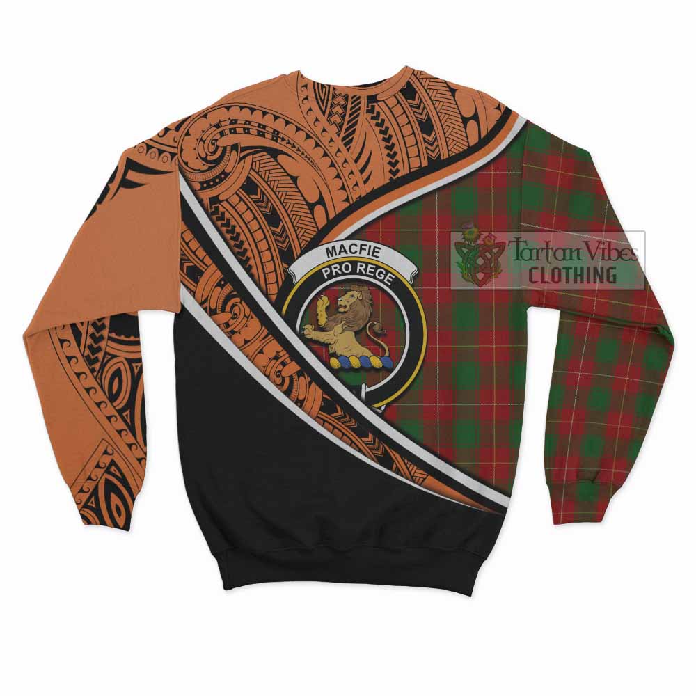 Tartan Vibes Clothing MacFie (McFie) Crest Tartan Sweatshirt with Maori Tattoo Style - Orange Version