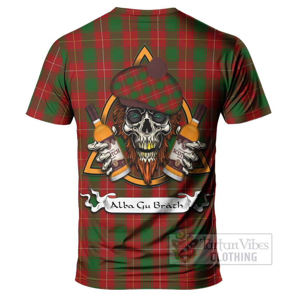 Tartan Vibes Clothing MacFie (McFie) Tartan T-Shirt with Family Crest and Bearded Skull Holding Bottles of Whiskey