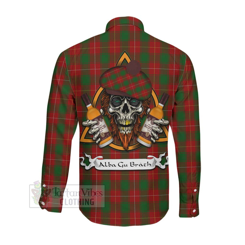 Tartan Vibes Clothing MacFie (McFie) Tartan Long Sleeve Button Shirt with Family Crest and Bearded Skull Holding Bottles of Whiskey