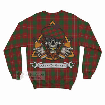 MacFie (McFie) Tartan Sweatshirt with Family Crest and Bearded Skull Holding Bottles of Whiskey