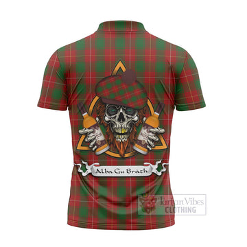 MacFie (McFie) Tartan Zipper Polo Shirt with Family Crest and Bearded Skull Holding Bottles of Whiskey