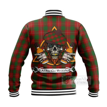 MacFie (McFie) Tartan Baseball Jacket with Family Crest and Bearded Skull Holding Bottles of Whiskey