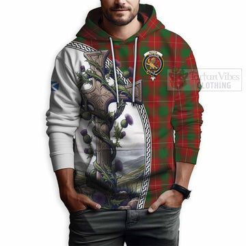 MacFie (McFie) Tartan Hoodie with Family Crest and St. Andrew's Cross Accented by Thistle Vines