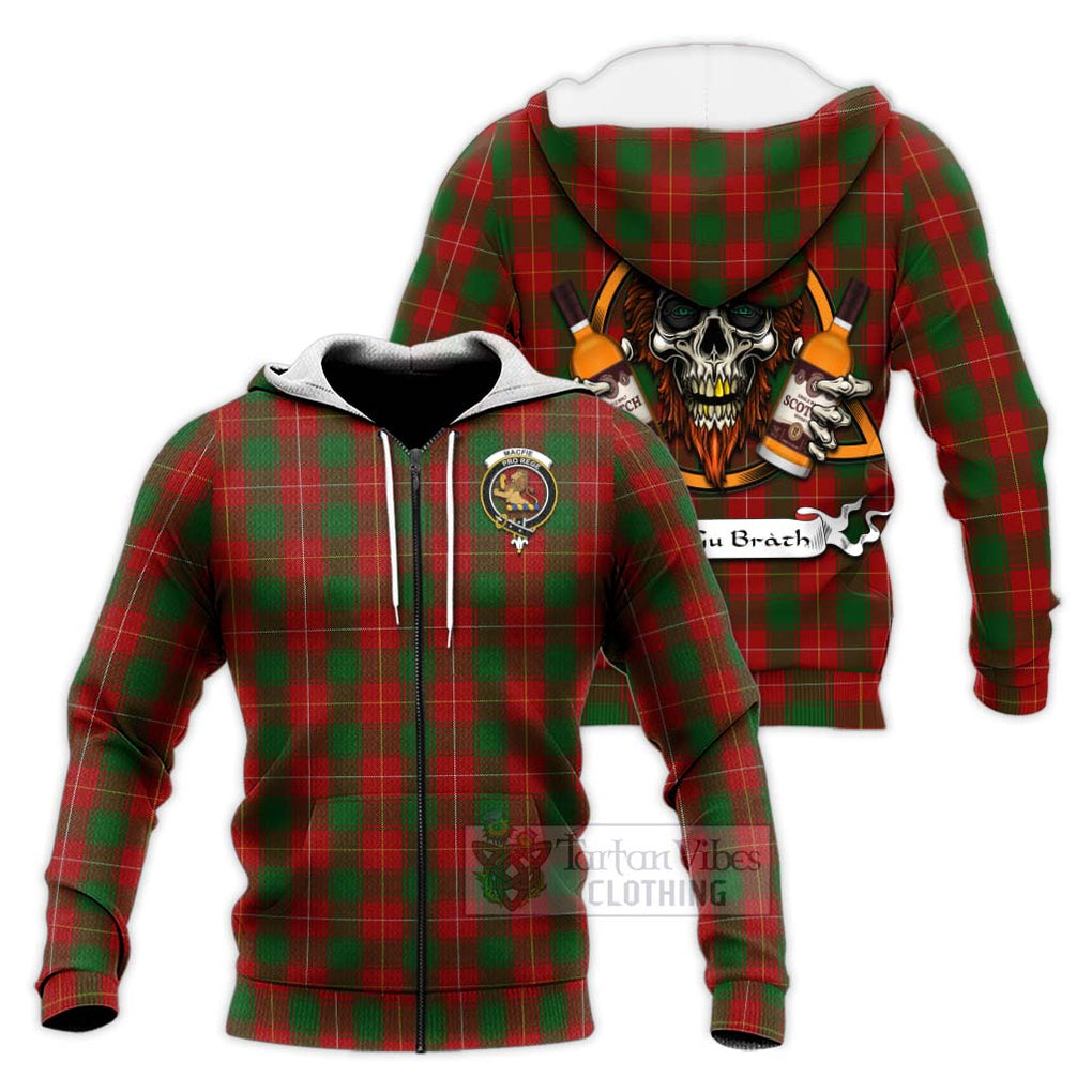 Tartan Vibes Clothing MacFie (McFie) Tartan Knitted Hoodie with Family Crest and Bearded Skull Holding Bottles of Whiskey