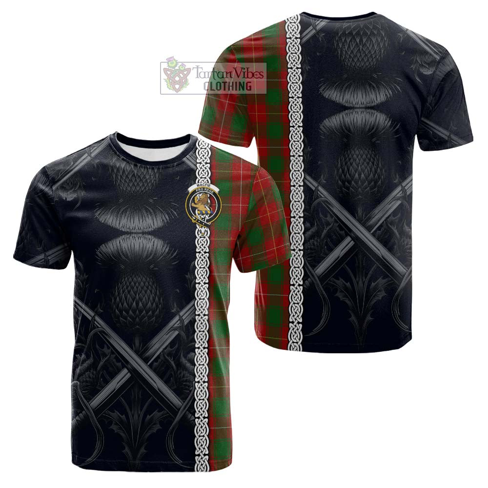 Tartan Vibes Clothing MacFie (McFie) Tartan Cotton T-shirt with Family Crest Cross Sword Thistle Celtic Vibes