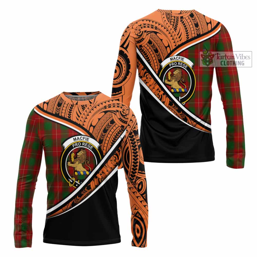 Tartan Vibes Clothing MacFie (McFie) Crest Tartan Long Sleeve T-Shirt with Maori Tattoo Style - Orange Version