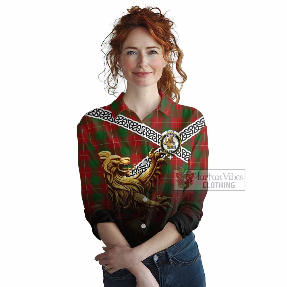 MacFie (McFie) Crest Tartan Women's Casual Shirt with Golden Lion Emblem Celtic Style - Tartan Vibes Clothing