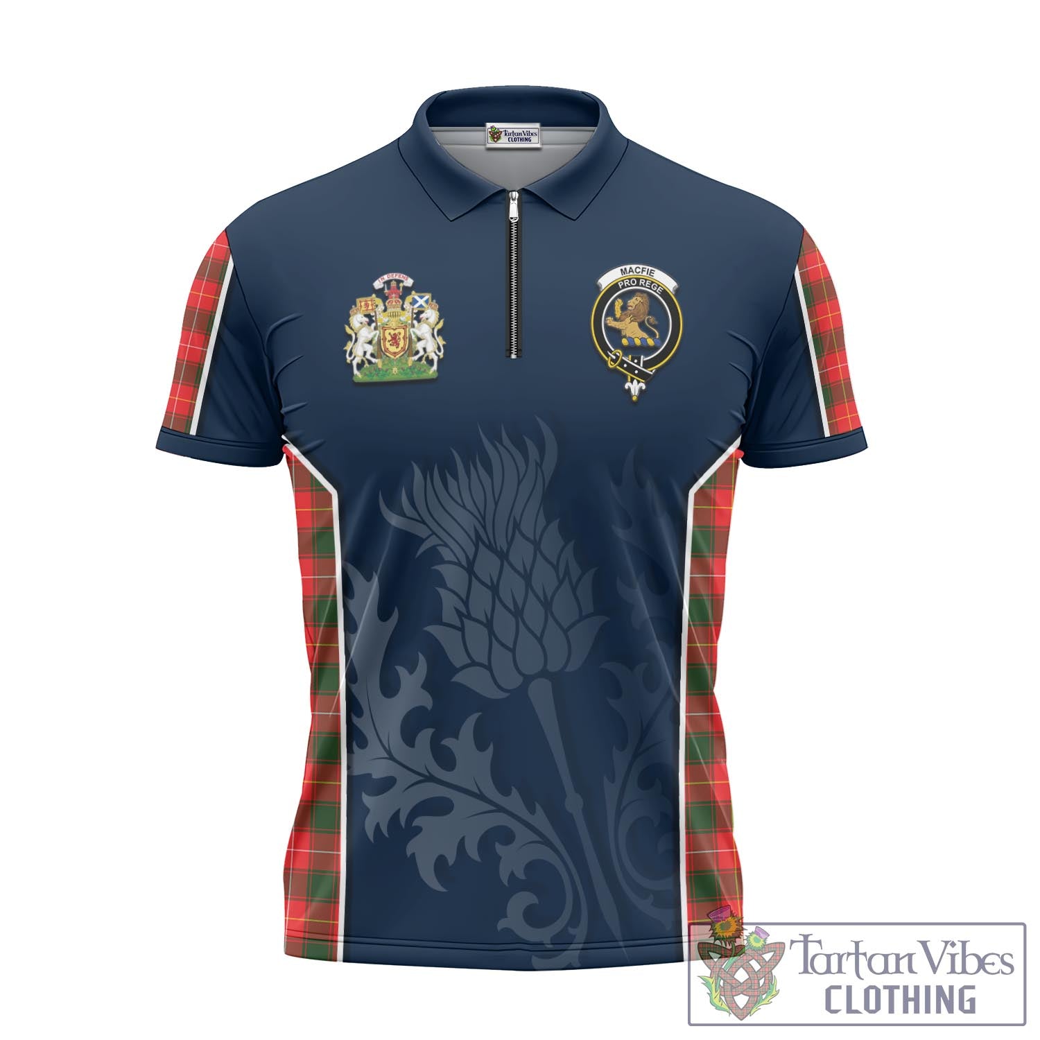 Tartan Vibes Clothing MacFie Modern Tartan Zipper Polo Shirt with Family Crest and Scottish Thistle Vibes Sport Style