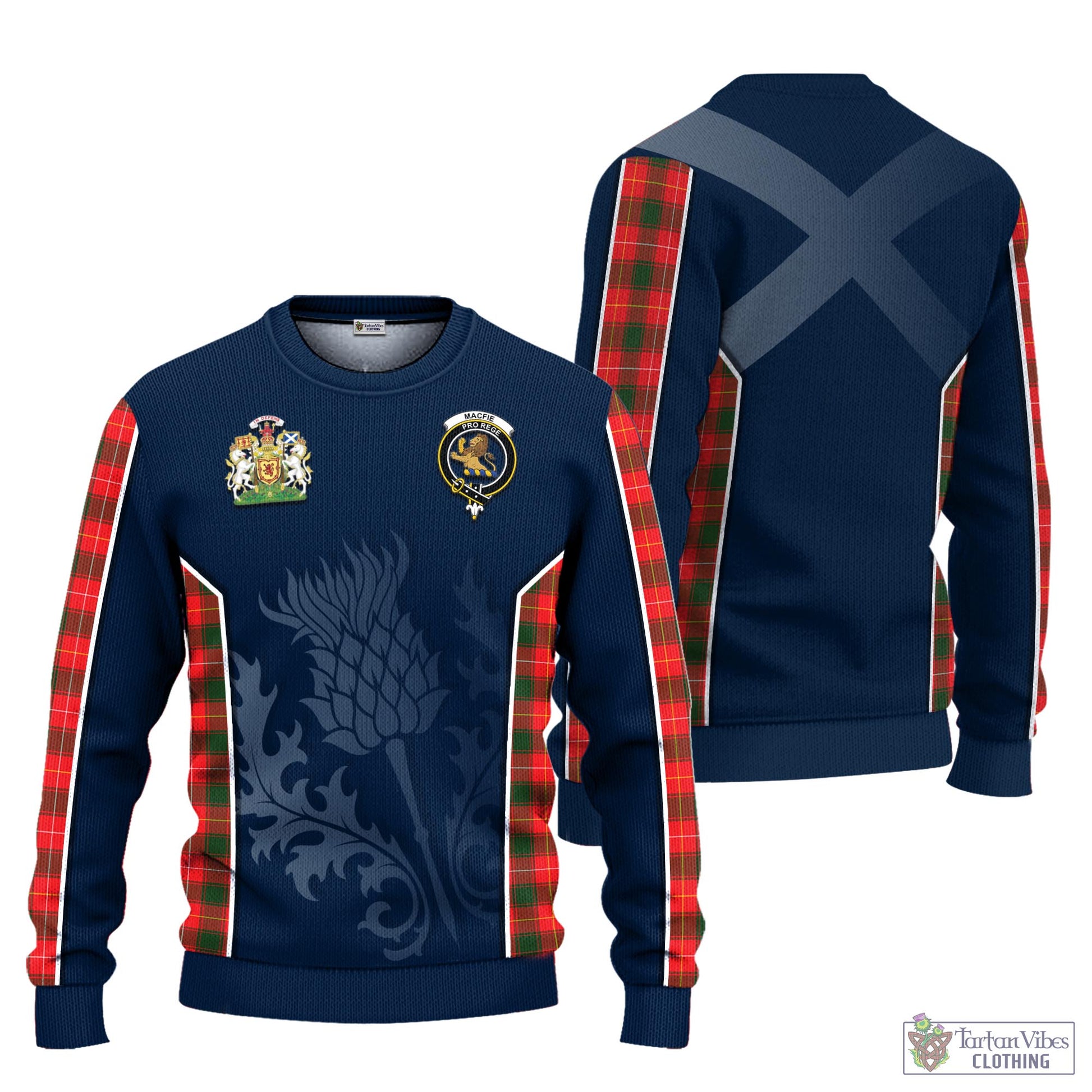 Tartan Vibes Clothing MacFie Modern Tartan Knitted Sweatshirt with Family Crest and Scottish Thistle Vibes Sport Style