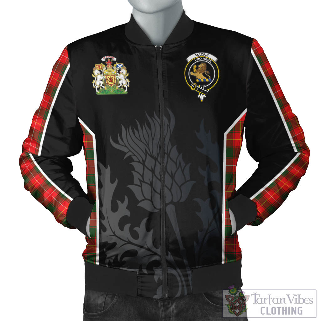 Tartan Vibes Clothing MacFie Modern Tartan Bomber Jacket with Family Crest and Scottish Thistle Vibes Sport Style