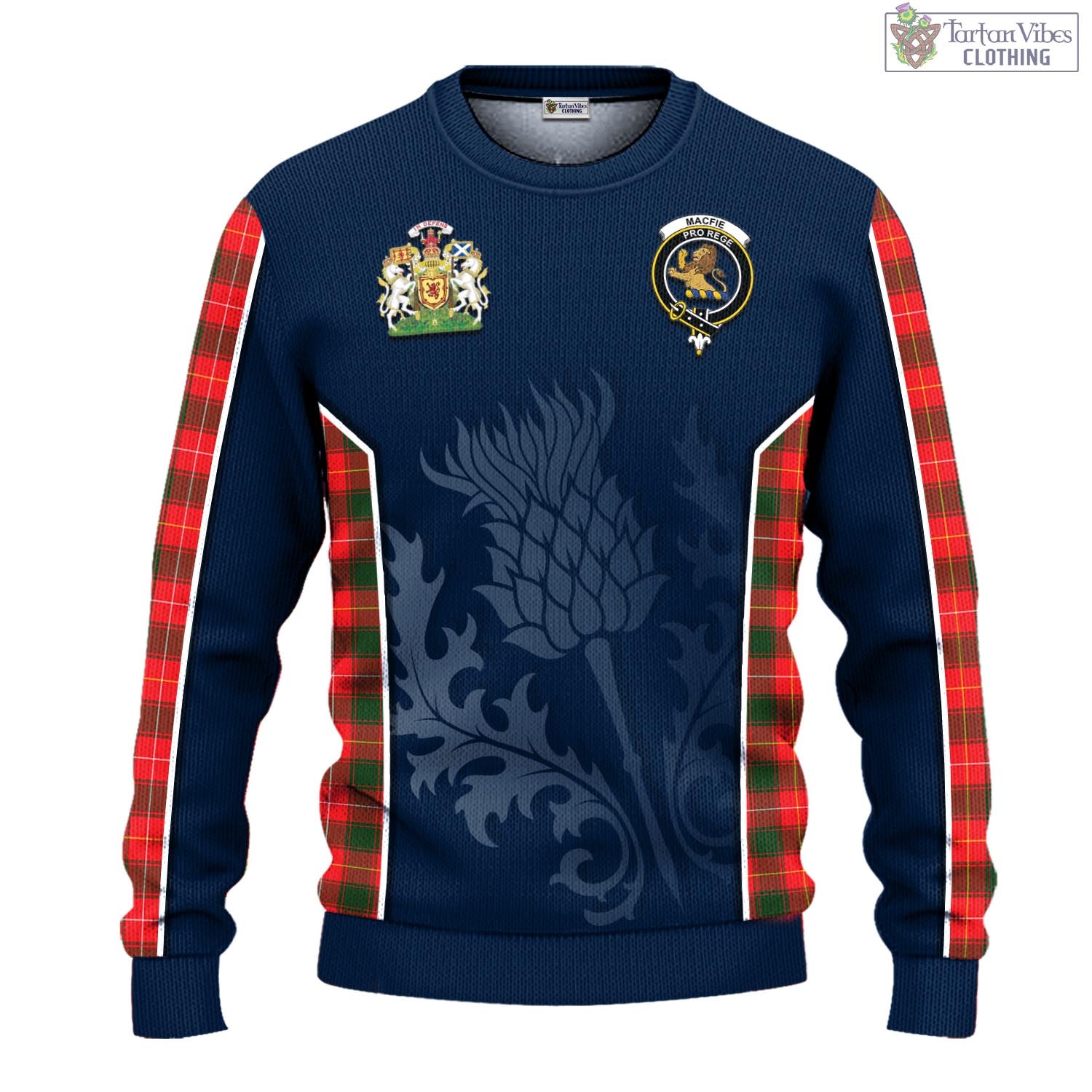Tartan Vibes Clothing MacFie Modern Tartan Knitted Sweatshirt with Family Crest and Scottish Thistle Vibes Sport Style