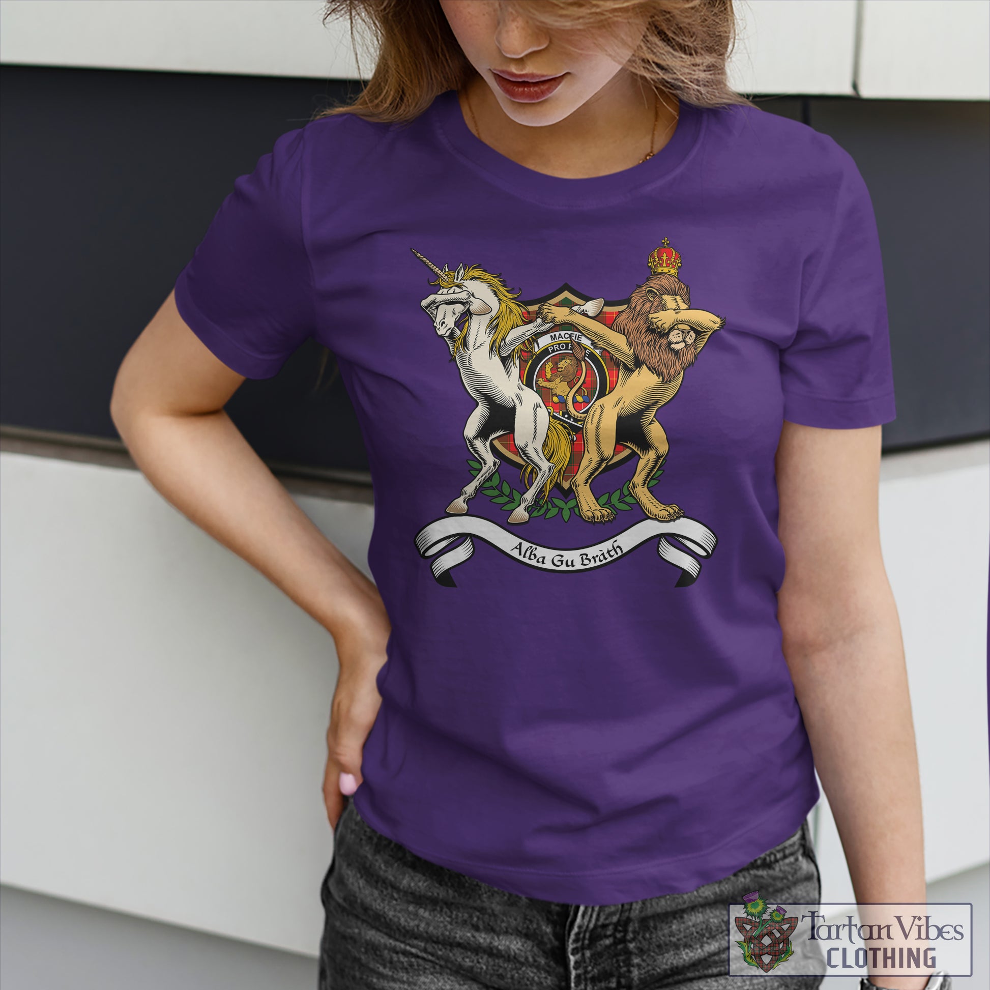 Tartan Vibes Clothing MacFie Modern Family Crest Cotton Women's T-Shirt with Scotland Royal Coat Of Arm Funny Style