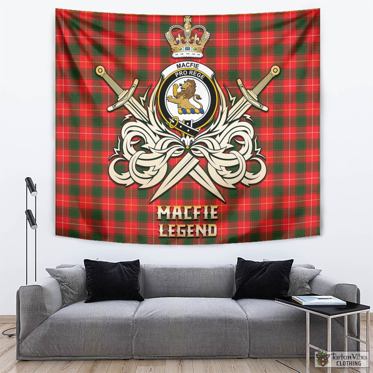 Tartan Vibes Clothing MacFie Modern Tartan Tapestry with Clan Crest and the Golden Sword of Courageous Legacy