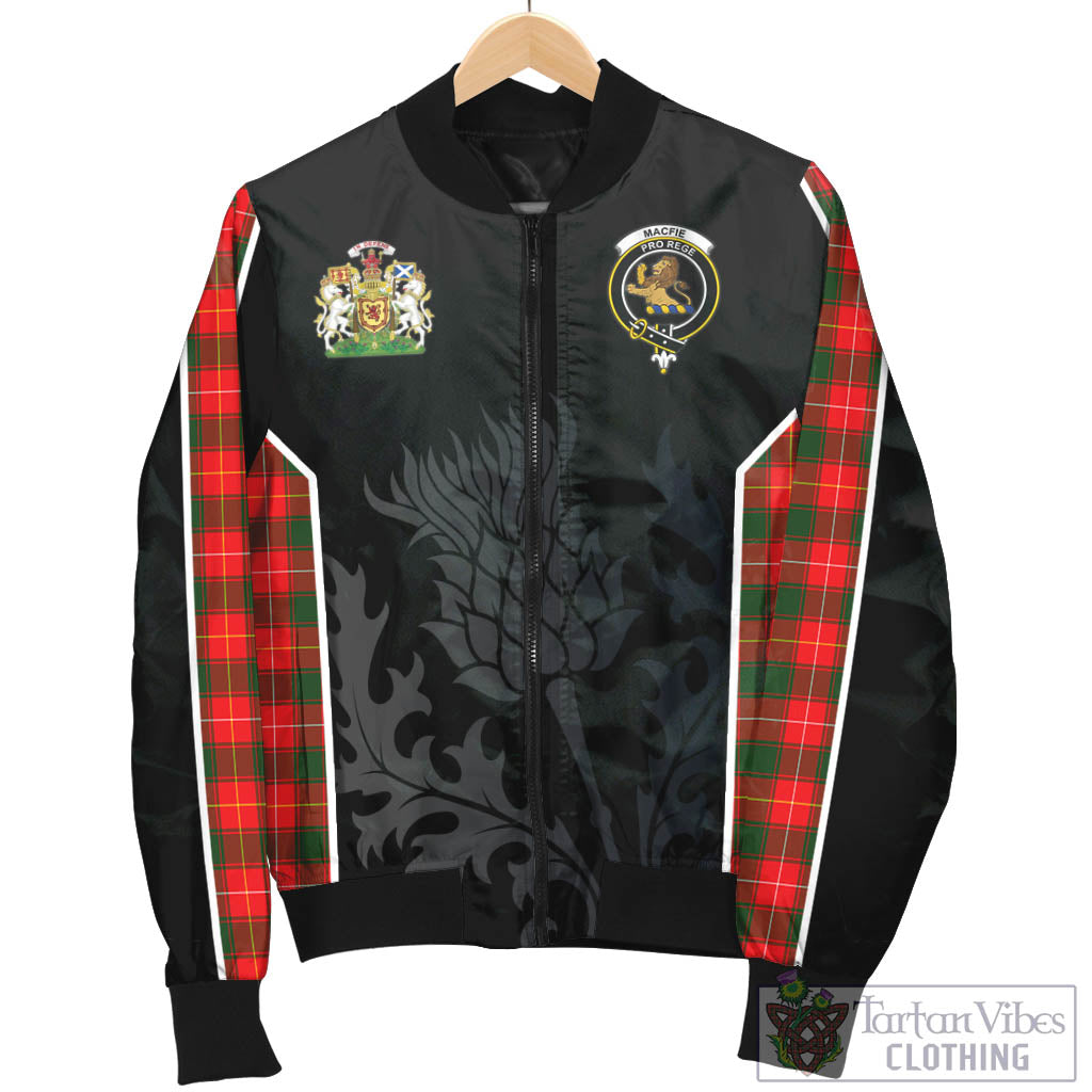 Tartan Vibes Clothing MacFie Modern Tartan Bomber Jacket with Family Crest and Scottish Thistle Vibes Sport Style