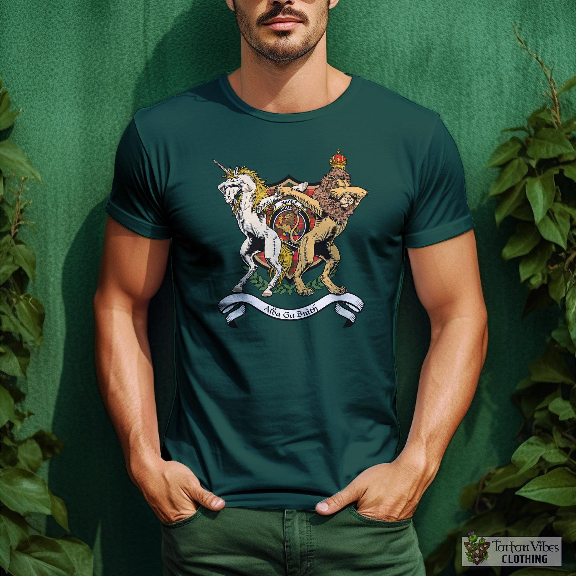 Tartan Vibes Clothing MacFie Modern Family Crest Cotton Men's T-Shirt with Scotland Royal Coat Of Arm Funny Style