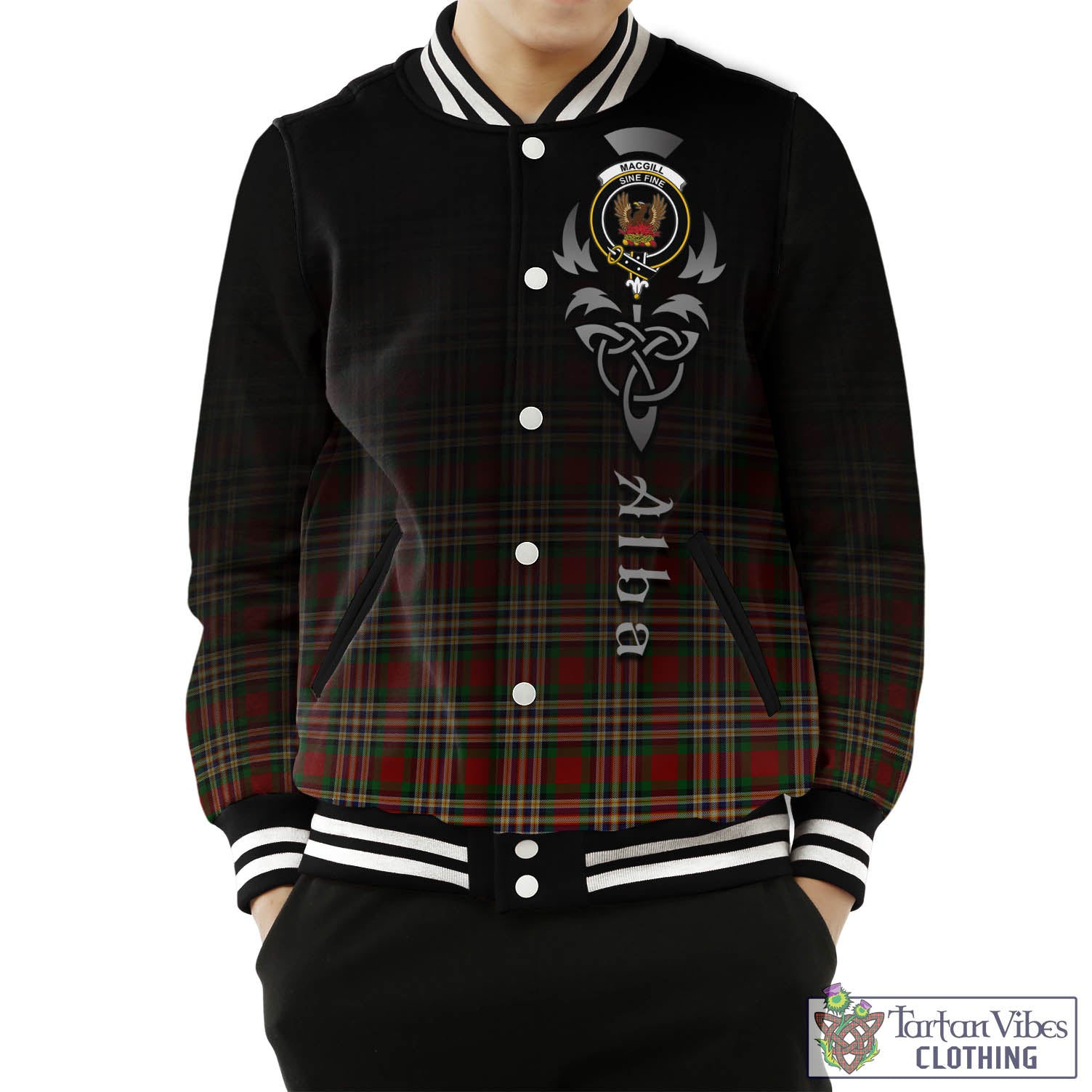 Tartan Vibes Clothing MacGill Tartan Baseball Jacket Featuring Alba Gu Brath Family Crest Celtic Inspired