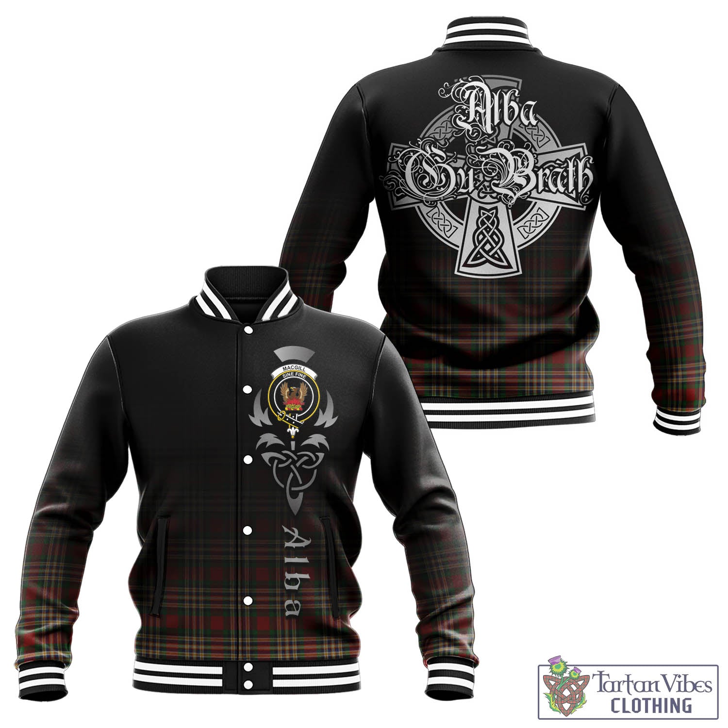 Tartan Vibes Clothing MacGill Tartan Baseball Jacket Featuring Alba Gu Brath Family Crest Celtic Inspired