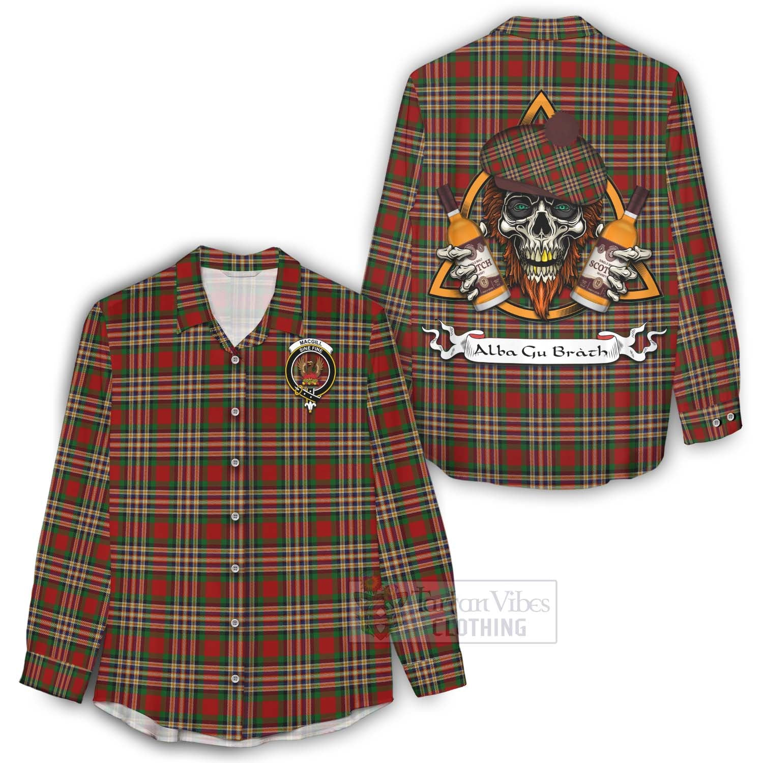 Tartan Vibes Clothing MacGill (MakGill) Tartan Women's Casual Shirt with Family Crest and Bearded Skull Holding Bottles of Whiskey