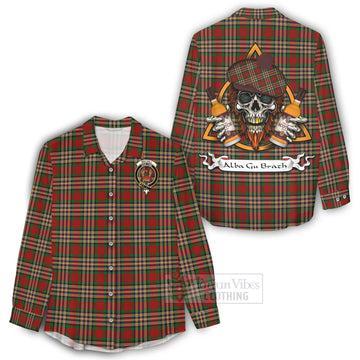 MacGill (MakGill) Tartan Women's Casual Shirt with Family Crest and Bearded Skull Holding Bottles of Whiskey