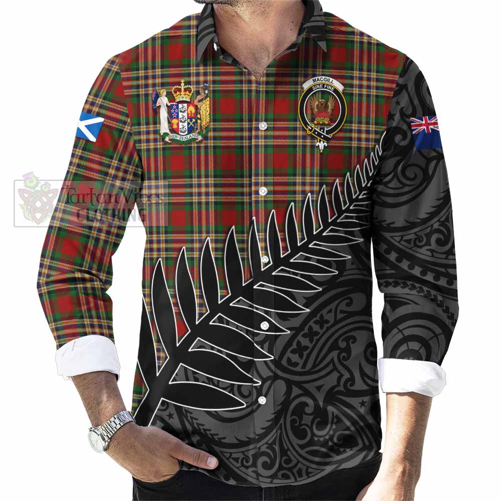 Tartan Vibes Clothing MacGill (MakGill) Crest Tartan Long Sleeve Button Shirt with New Zealand Silver Fern Half Style