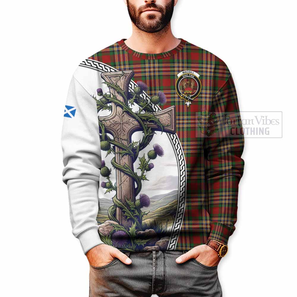MacGill (MakGill) Tartan Sweatshirt with Family Crest and St. Andrew's Cross Accented by Thistle Vines - Tartan Vibes Clothing