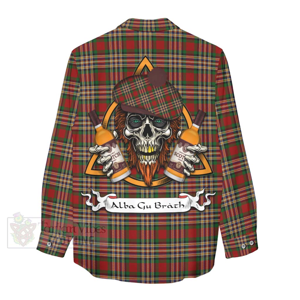 Tartan Vibes Clothing MacGill (MakGill) Tartan Women's Casual Shirt with Family Crest and Bearded Skull Holding Bottles of Whiskey