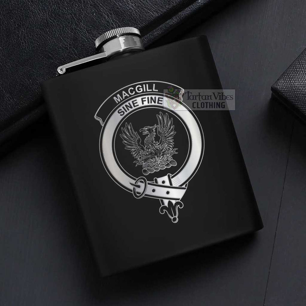 Tartan Vibes Clothing MacGill (MakGill) Crest Hip Flask Set 7oz Black Stainless Steel with A Gift Box