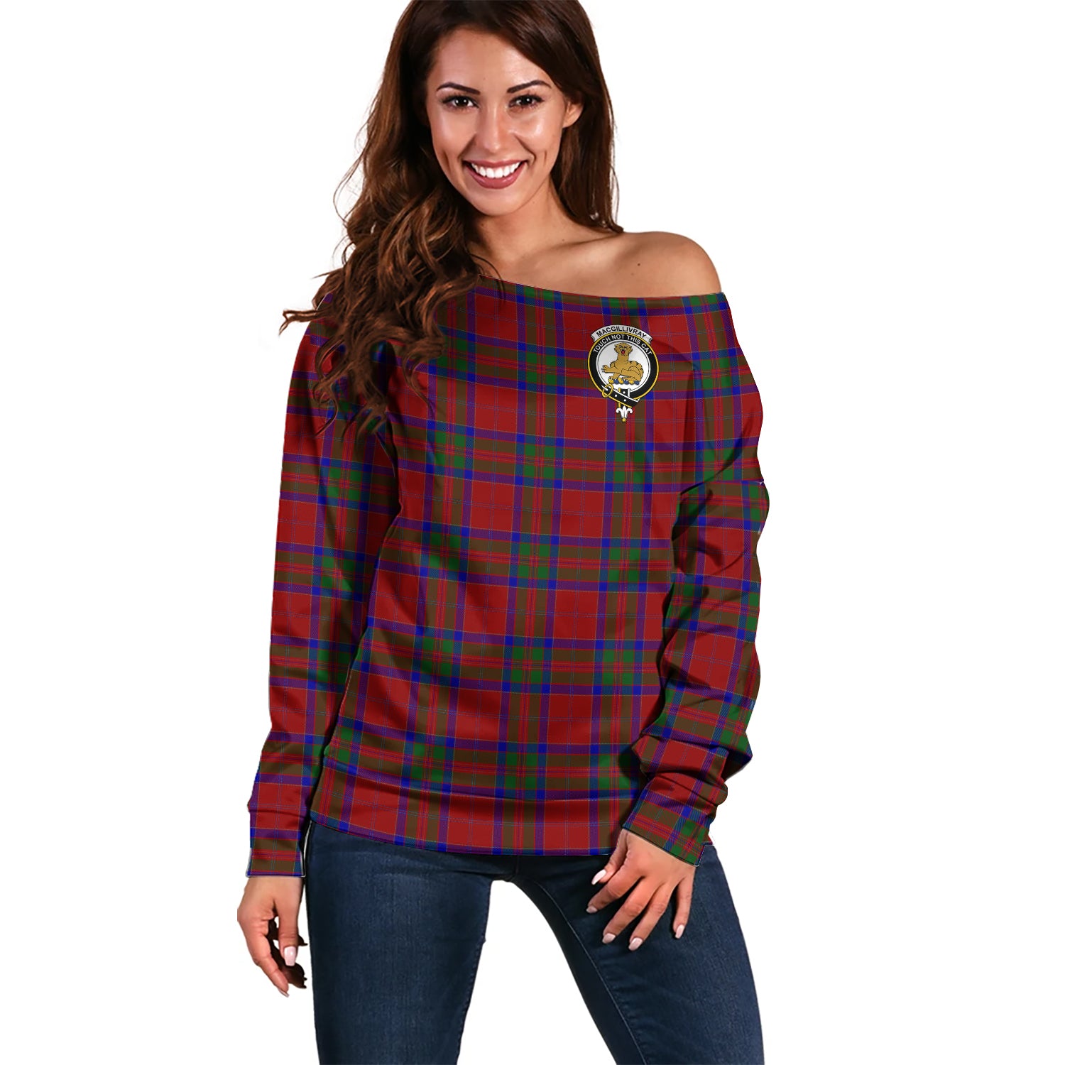 MacGillivray Tartan Off Shoulder Women Sweater with Family Crest Women - Tartanvibesclothing