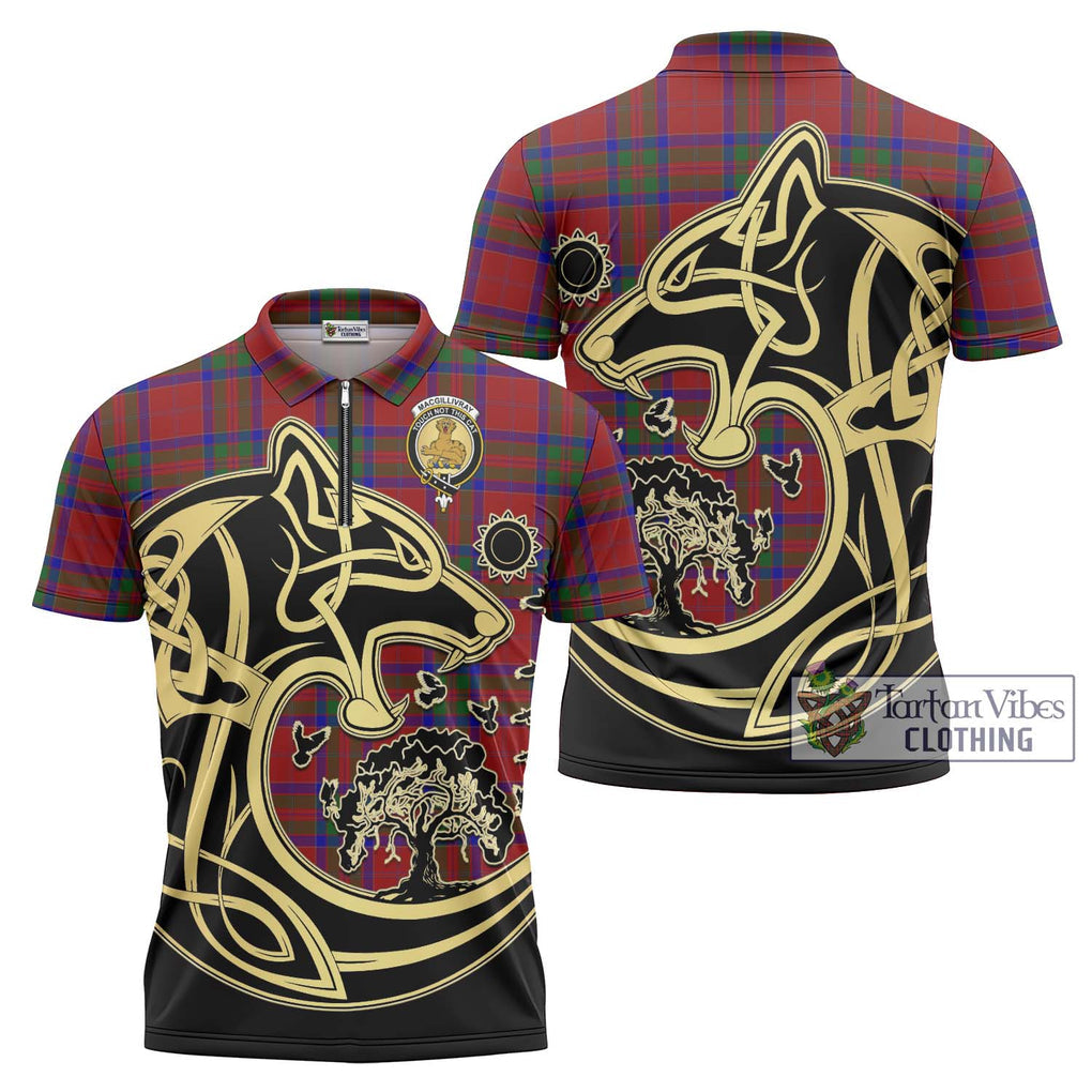 MacGillivray (McGillivray) Tartan Zipper Polo Shirt with Family Crest Celtic Wolf Style Unisex - Tartanvibesclothing Shop