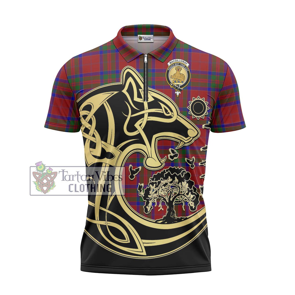 MacGillivray (McGillivray) Tartan Zipper Polo Shirt with Family Crest Celtic Wolf Style - Tartanvibesclothing Shop