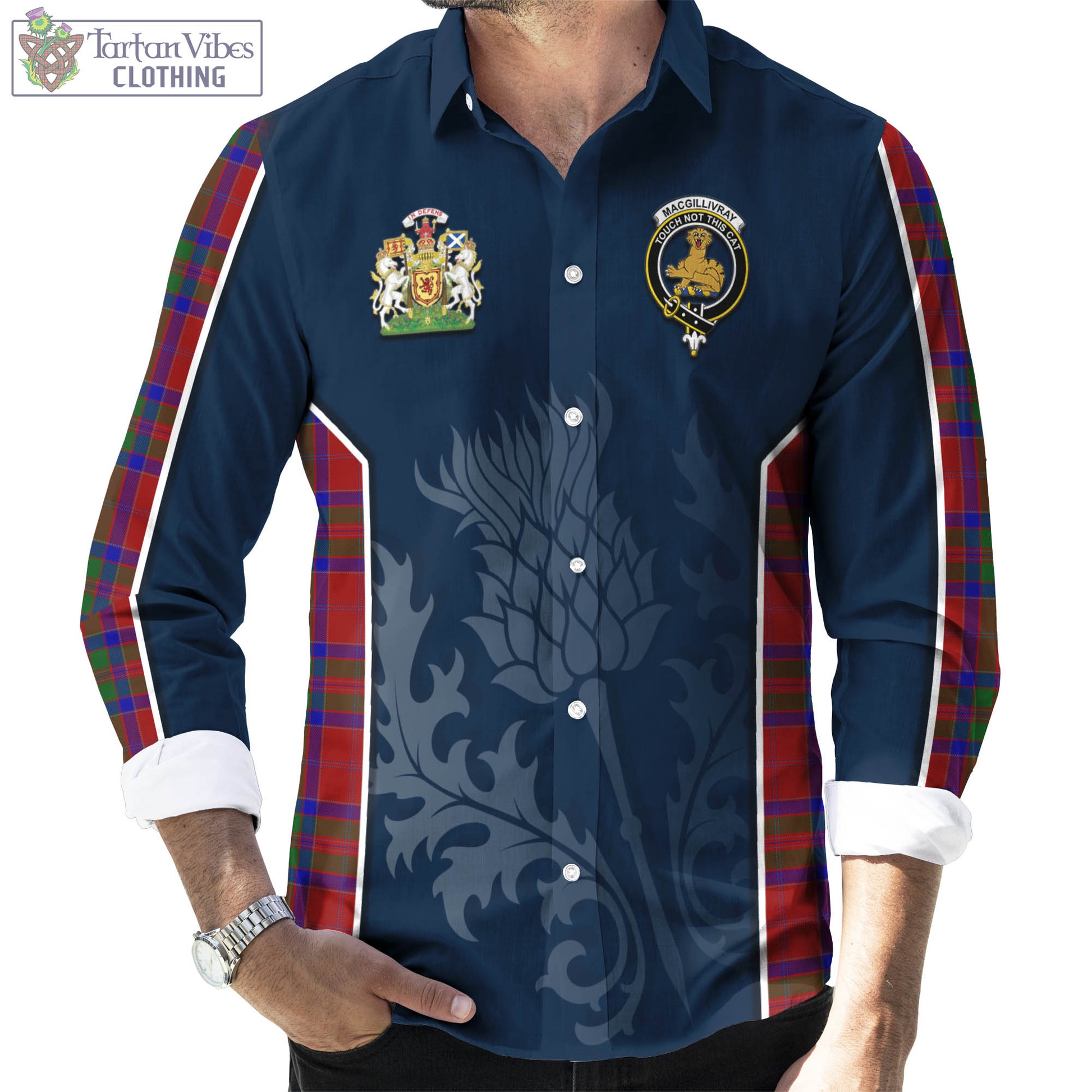 Tartan Vibes Clothing MacGillivray Tartan Long Sleeve Button Up Shirt with Family Crest and Scottish Thistle Vibes Sport Style