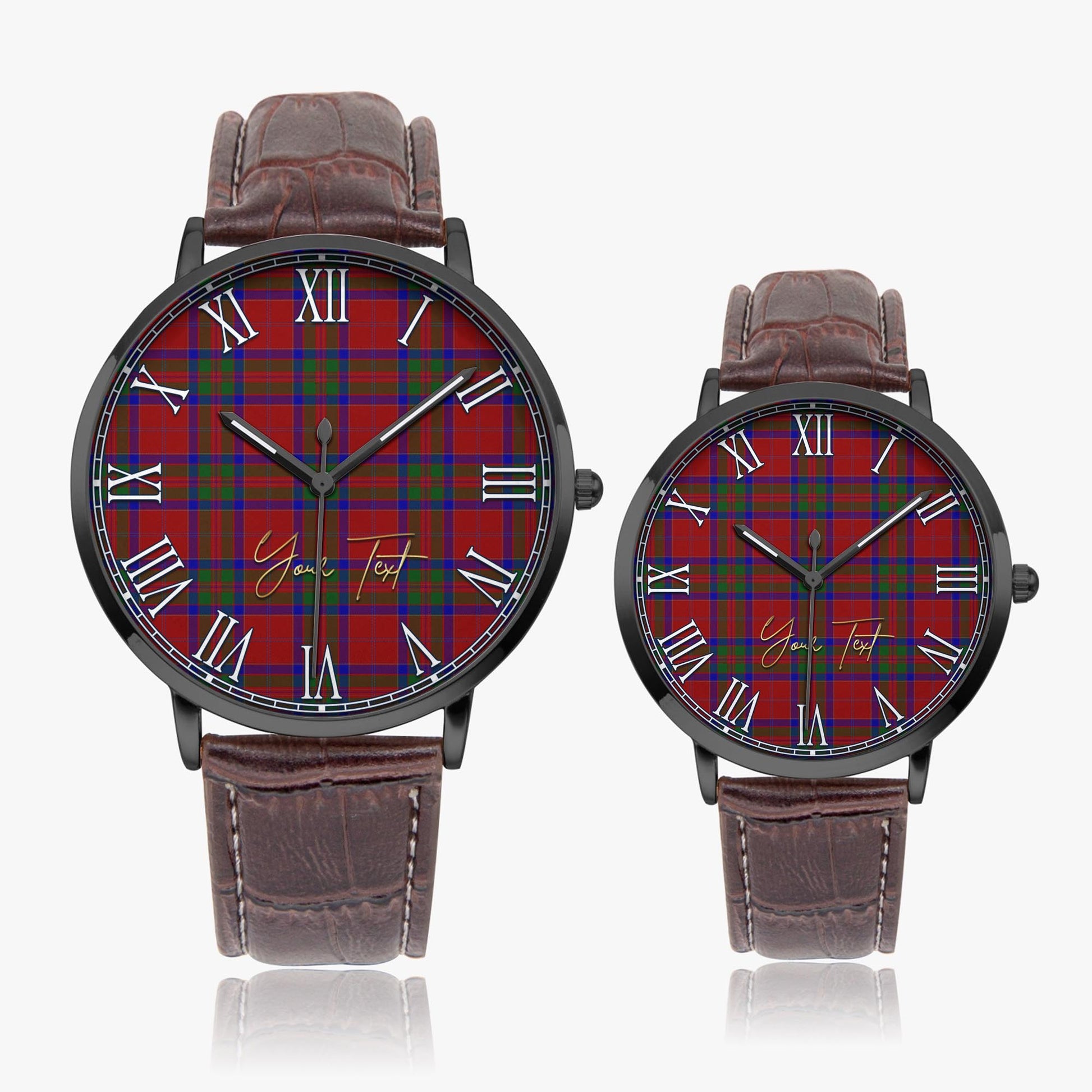 MacGillivray Tartan Personalized Your Text Leather Trap Quartz Watch Ultra Thin Black Case With Brown Leather Strap - Tartanvibesclothing